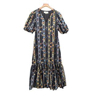 Anna Cate Maxi Dress Multicolor Floral Striped Short Puff Sleeve Lined Size S